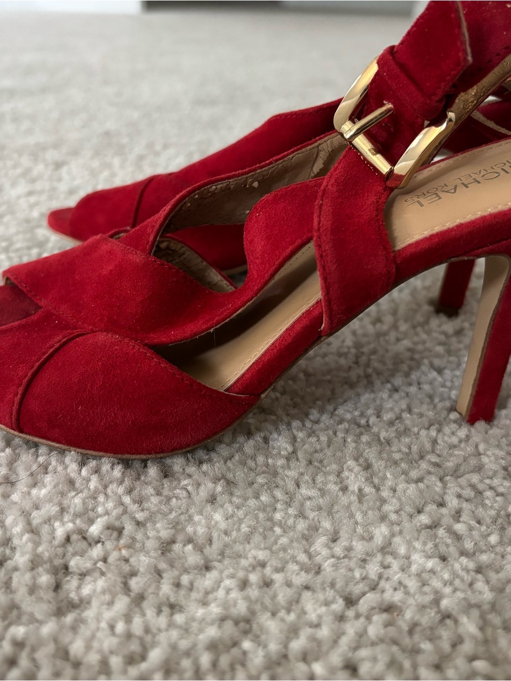 Michael Kors Red Suede Peep-Toe Slingback Heels with Gold Buckle